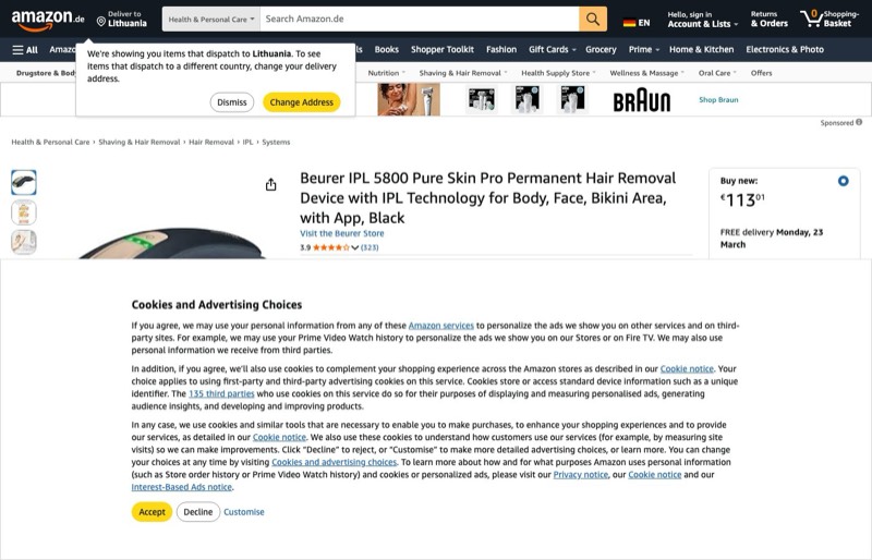 Beurer IPL 5800 Pure Skin Pro kaina Amazon.de — 113,01 €