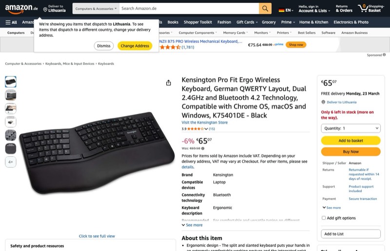 Kensington Pro Fit Ergo kaina Amazon.de — 65,07 €