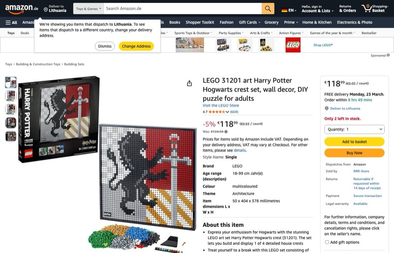 LEGO Harry Potter 31201 kaina Amazon.de — 118,99 €