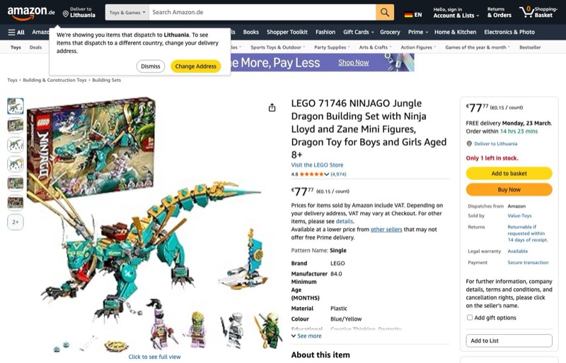 LEGO NINJAGO Dschungeldrache 71746 kaina Amazon.de — 77,77 €