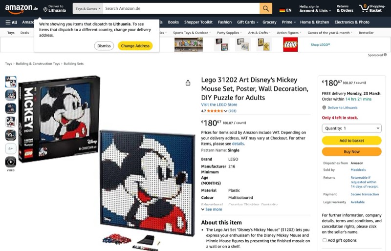 LEGO Art Disney's Mickey Mouse 31202 kaina Amazon.de — 180,67 €