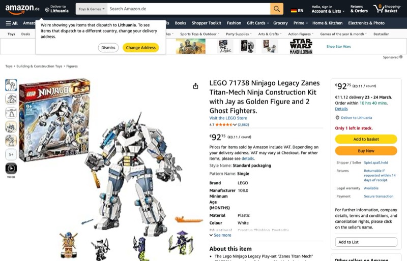 LEGO NINJAGO Legacy Zanes Titan-Mech 71738 kaina Amazon.de — 92,75 €