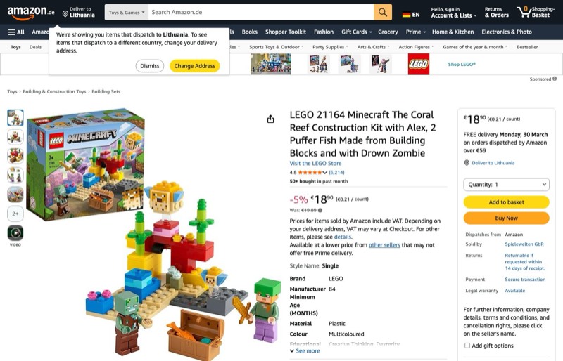 LEGO Minecraft Coral Reef 21164 kaina Amazon.de — 18,90 €