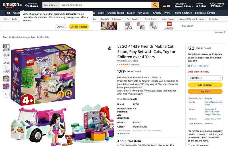 LEGO Friends Mobile Cat Salon 41439 kaina Amazon.de — 20,12 €