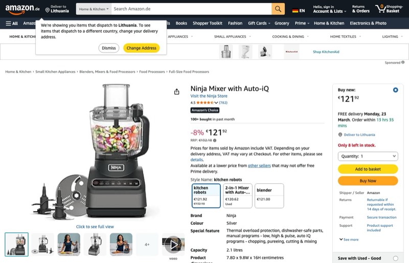 Ninja Küchenmaschine BN800EU kaina Amazon.de — 121,92 €