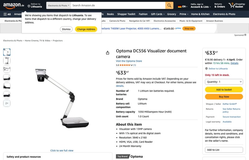 Optoma DC556 Visualizer Dokumentenkamera kaina Amazon.de — 633,47 €