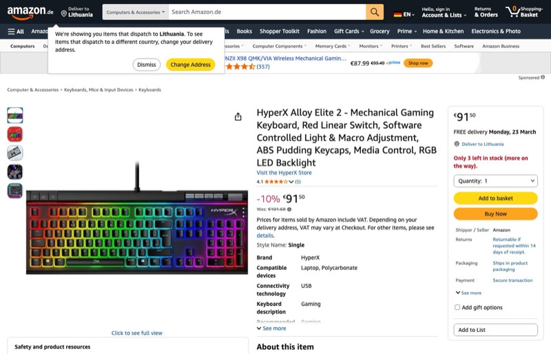 HyperX Alloy Elite 2 kaina Amazon.de — 91,50 €