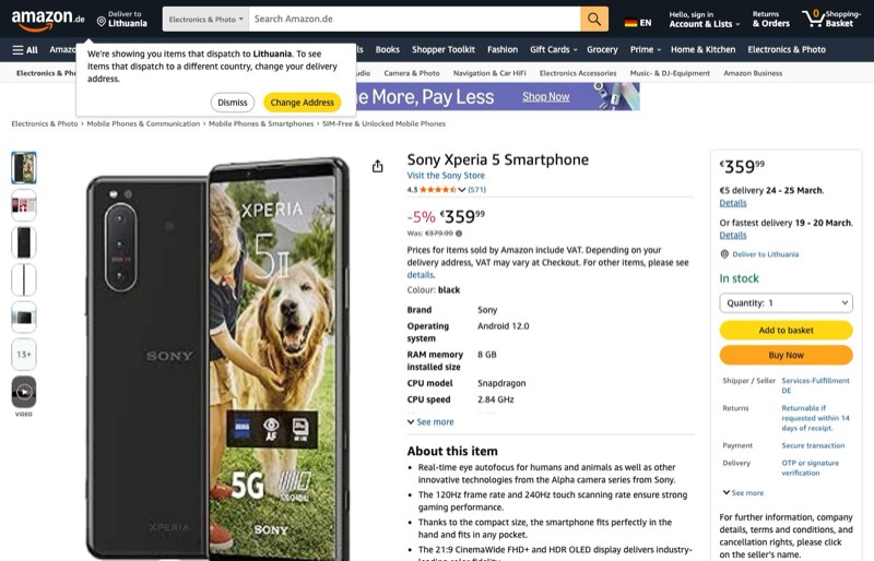 Sony Xperia 5 II (15 kaina Amazon.de — 359,99 €