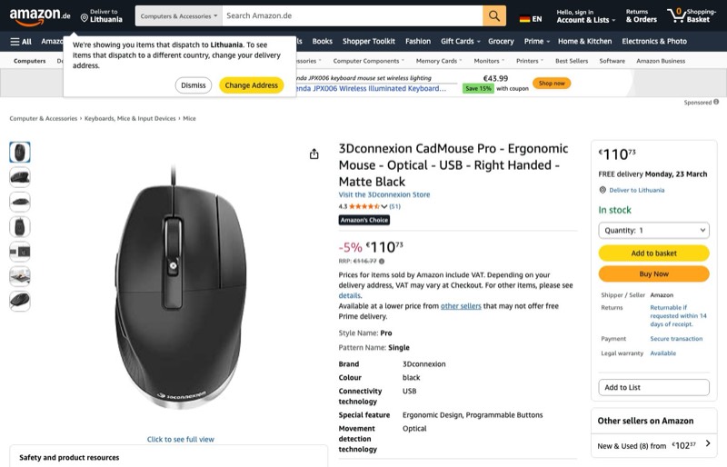 3Dconnexion CadMouse Pro (Ergonomische kaina Amazon.de — 110,73 €