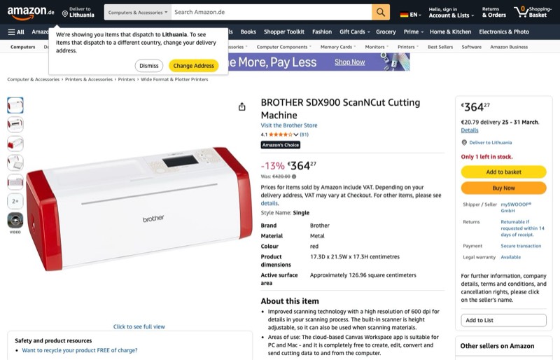 BROTHER SDX900 kaina Amazon.de — 364,27 €