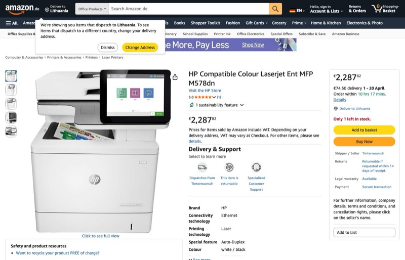 HP Compatible Color LaserJet Ent MFP M578dn kaina Amazon.de — 2287,82 €