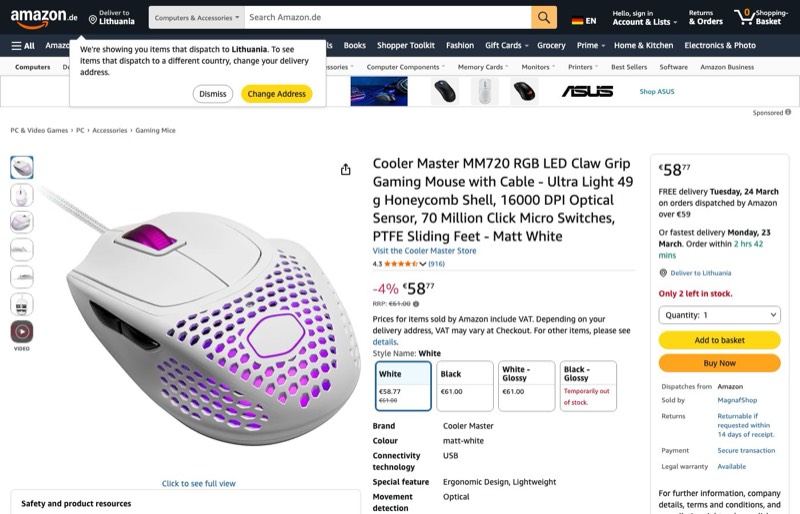 Cooler Master MM720 Gaming Mouse kaina Amazon.de — 58,77 €