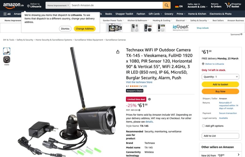 Technaxx WiFi IP Camera TX-145 kaina Amazon.de — 61,00 €