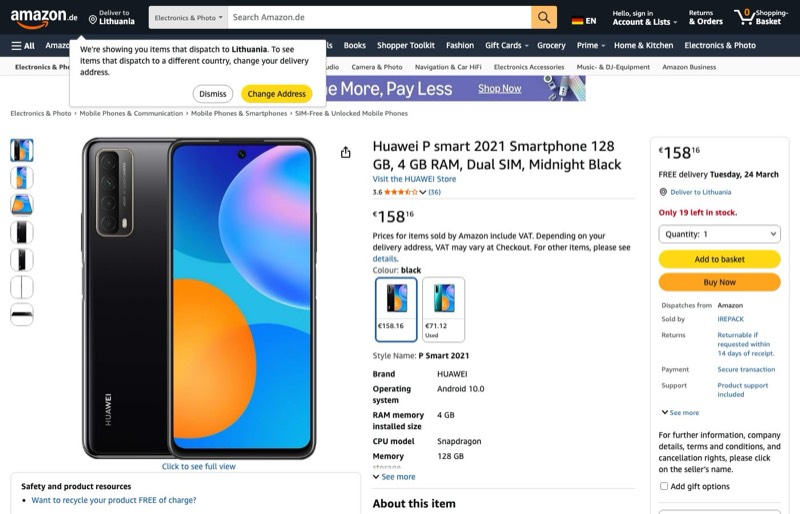 Huawei P smart 2021 128GB kaina Amazon.de — 158,16 €