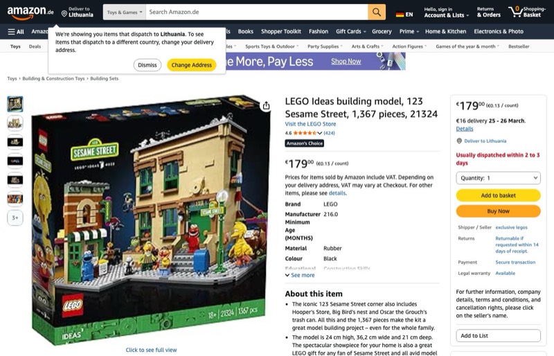 LEGO Ideas 123 Sesame Street 21324 kaina Amazon.de — 179,00 €