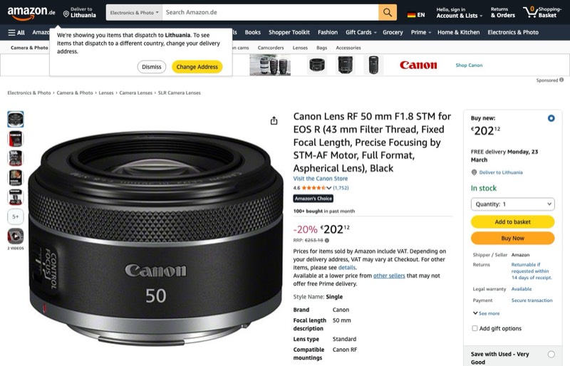 Canon RF 50mm F1.8 STM Objektiv | Kompakt leicht kaina Amazon.de — 202,12 €
