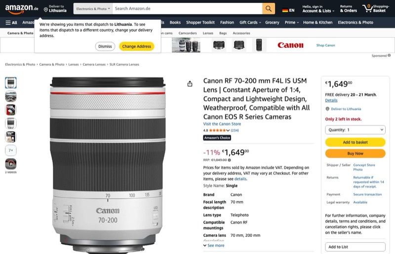 Canon RF 70-200mm F4L IS USM Objektiv | Konstante kaina Amazon.de — 1649,00 €