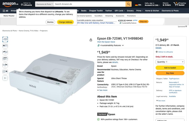 Epson EB-725WI kaina Amazon.de — 1949,00 €