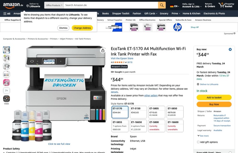 Epson EcoTank ET-5170 kaina Amazon.de — 344,84 €