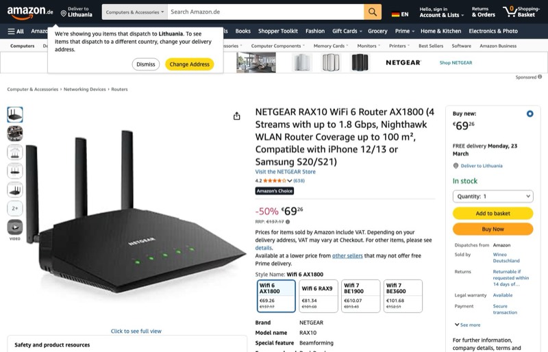 NETGEAR RAX10 WiFi 6 Router kaina Amazon.de — 69,26 €