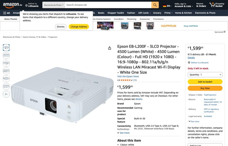 Epson EB-L200F 3LCD 4500 Lumen 4500 Lumen Full HD kaina Amazon.de — 1599,00 €