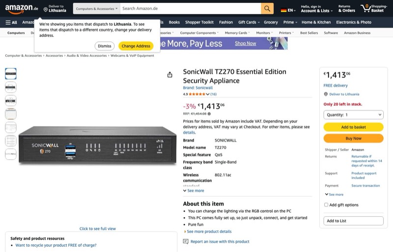 SonicWall TZ270 kaina Amazon.de — 1413,06 €