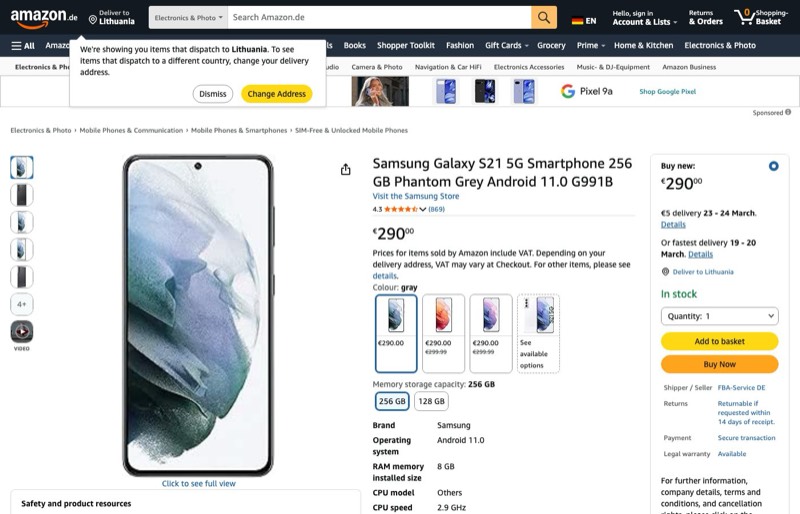 Samsung Galaxy S21 5G 256GB kaina Amazon.de — 290,00 €