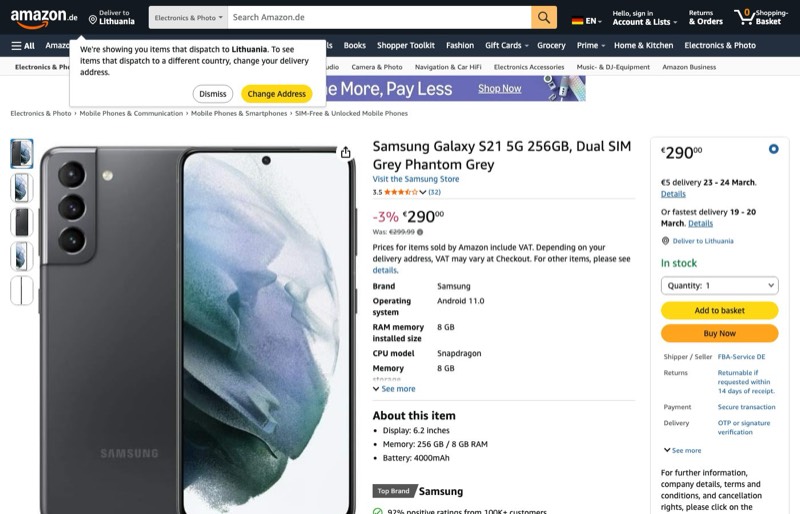 Samsung Galaxy S21 5G 256GB Phantom Grey kaina Amazon.de — 290,00 €