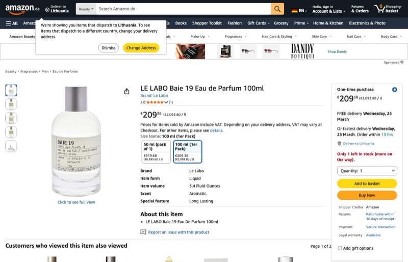 LE LABO Baie 19 Eau de Parfum kaina Amazon.de — 209,38 €