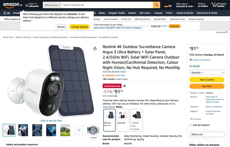 Reolink 4K Überwachungskamera Aussen Argus 3 kaina Amazon.de — 91,50 €