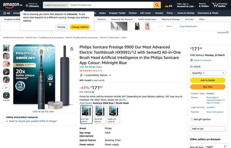 Philips Sonicare Prestige 9900 kaina Amazon.de — 171,82 €