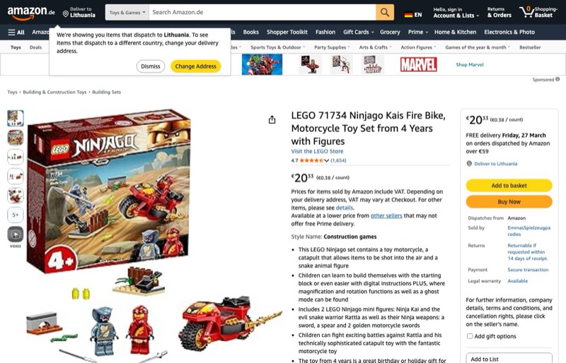 LEGO Ninjago Kai's Fire Bike 71734 kaina Amazon.de — 20,33 €