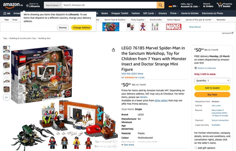 LEGO Super Heroes Spider-Man in der Sanctum Werkstatt 76185 kaina Amazon.de — 50,84 €