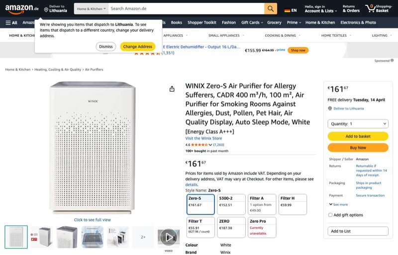 WINIX Zero-S Air Purifier CADR 400m³/h kaina Amazon.de — 161,67 €