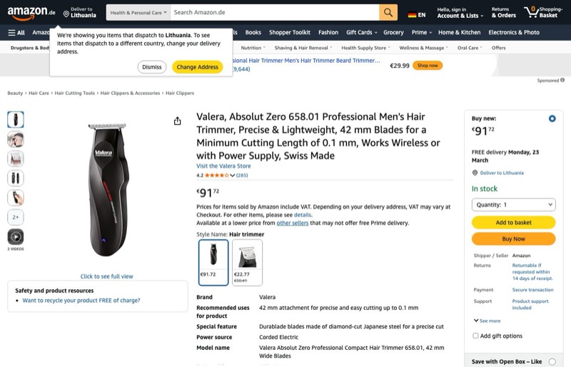 Valera Absolut Zero 658.01 Hair Clipper kaina Amazon.de — 91,72 €