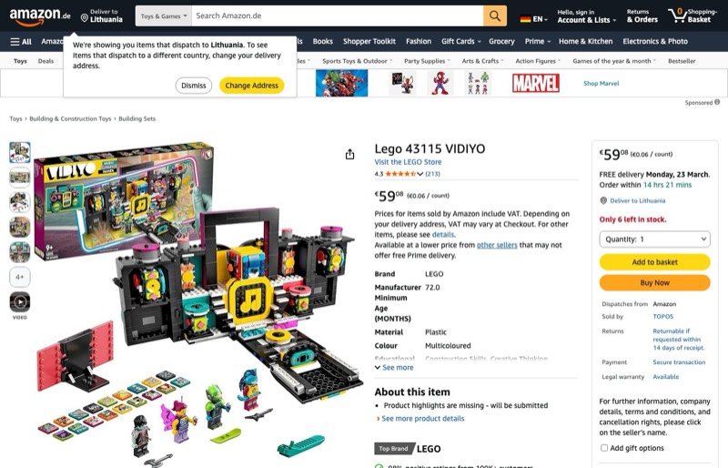 LEGO VIDIYO 43115 kaina Amazon.de — 59,08 €