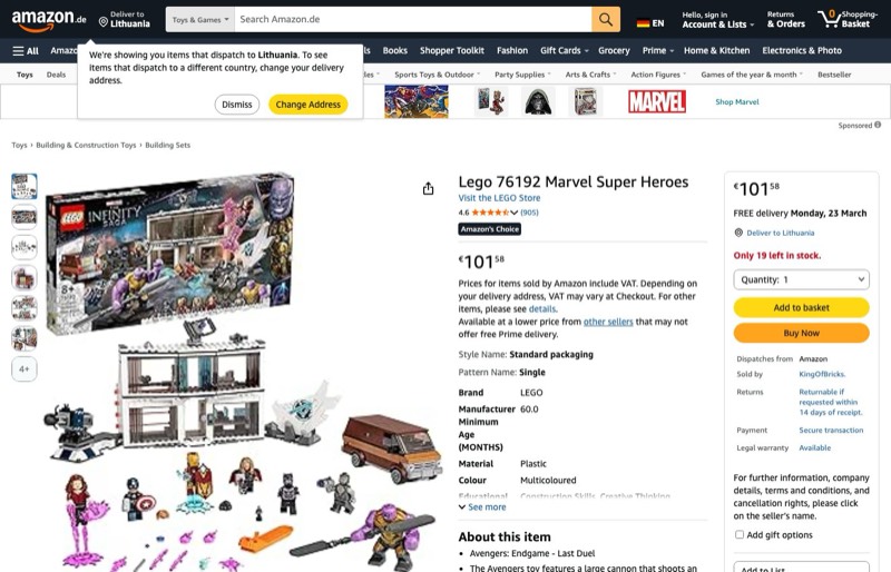 LEGO Marvel Endgame Final Battle 76192 kaina Amazon.de — 101,58 €