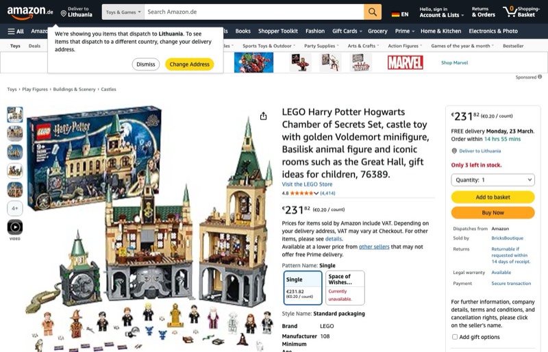 LEGO Harry Potter Hogwarts Kammer des Schreckens kaina Amazon.de — 231,82 €
