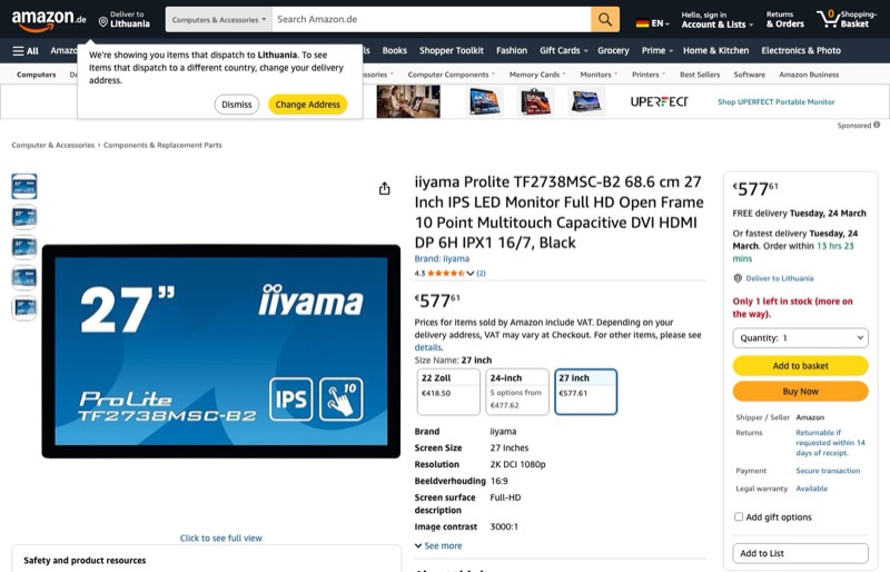Monitorius Iiyama Prolite TF2738MSC-B2 kaina Amazon.de — 577,61 €