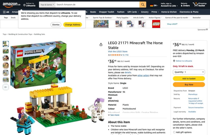 LEGO Minecraft Horse Stable 21171 kaina Amazon.de — 36,46 €