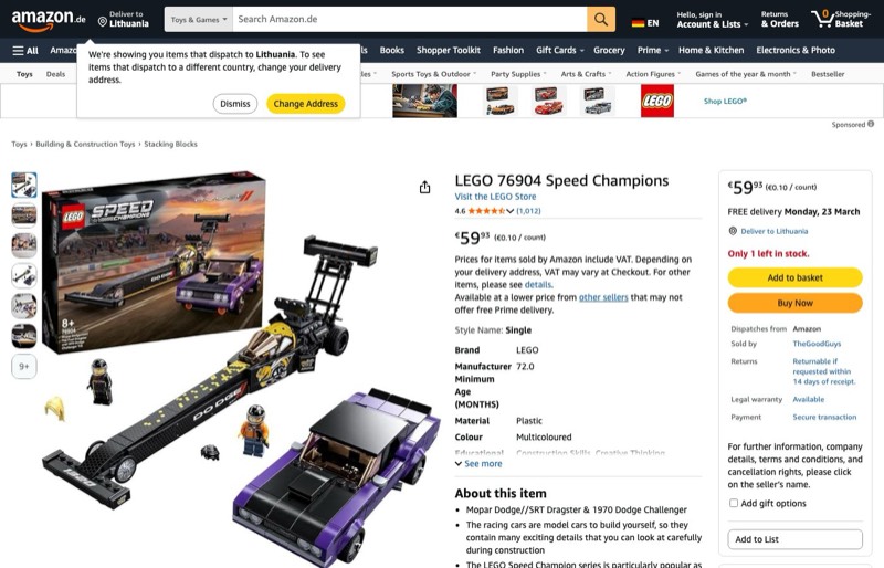 LEGO Speed Champions Mopar Dodge 76904 kaina Amazon.de — 59,93 €