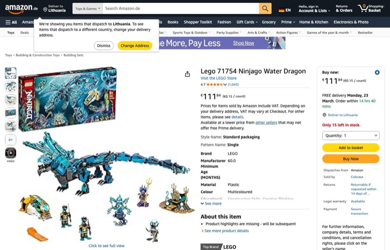 LEGO NINJAGO Wasserdrache 71754 kaina Amazon.de — 111,84 €