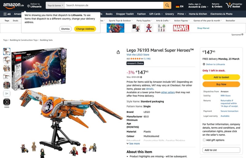 LEGO Marvel Super Heroes Das Schiff der Wächter Avengers aus Guardians of The Galaxy 76193 kaina Amazon.de — 147,45 €