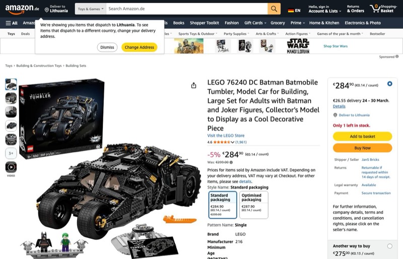 LEGO Batman Batmobile Tumbler 76240 kaina Amazon.de — 284,90 €