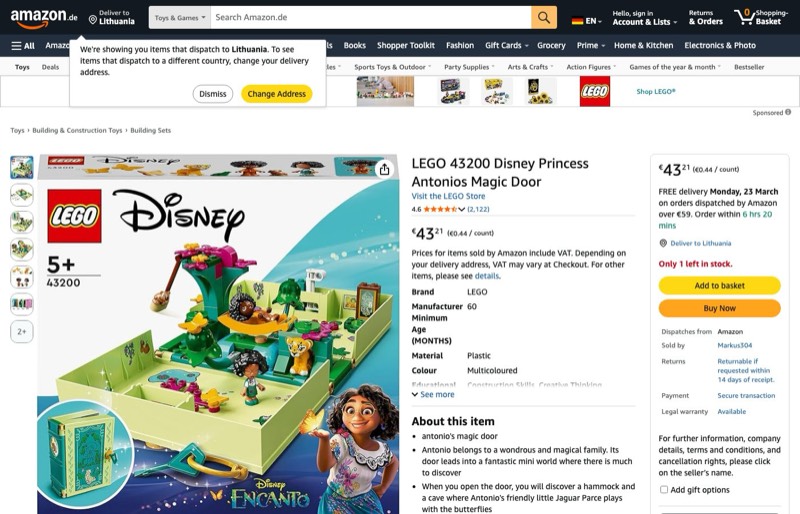 LEGO Disney 43200 kaina Amazon.de — 43,21 €