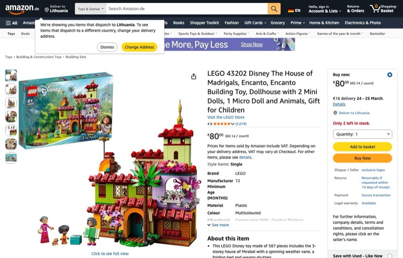 LEGO Disney Encanto Madrigal House 43202 kaina Amazon.de — 80,00 €