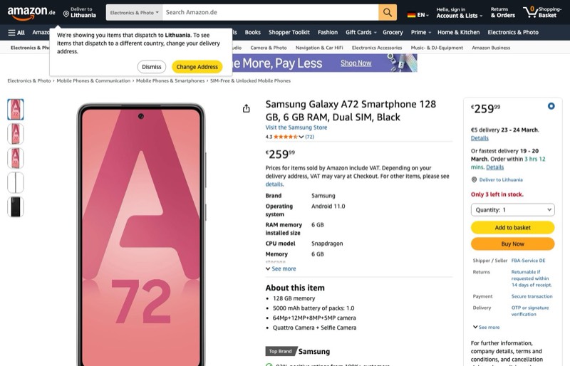 Samsung Galaxy A72 128GB kaina Amazon.de — 259,99 €