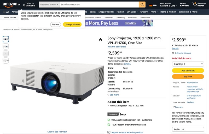 Sony kaina Amazon.de — 2599,00 €