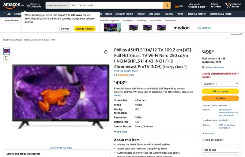 Philips 43HFL5114/12 TV 109 kaina Amazon.de — 498,88 €