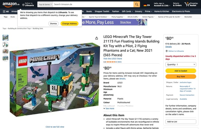 LEGO Minecraft The Sky Tower Fun Floating Islands Toy with a Pilot 21173 kaina Amazon.de — 80,00 €